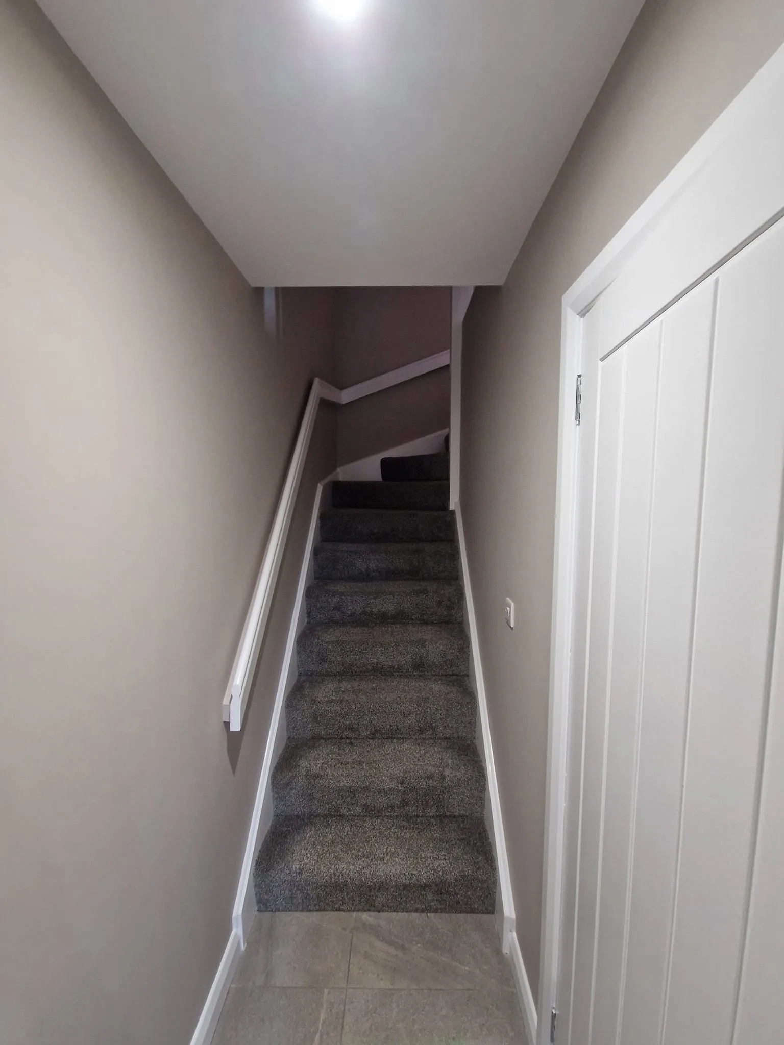 Finished stairway in warm greige with a white handrail, white skirting and grey stair carpet, seen from the hallway below