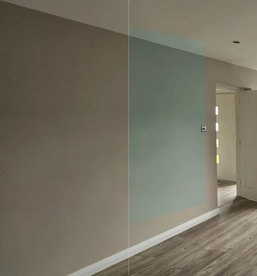 The same living room wall shown twice, split down the middle: warm greige on the left, a deep sage green on the right